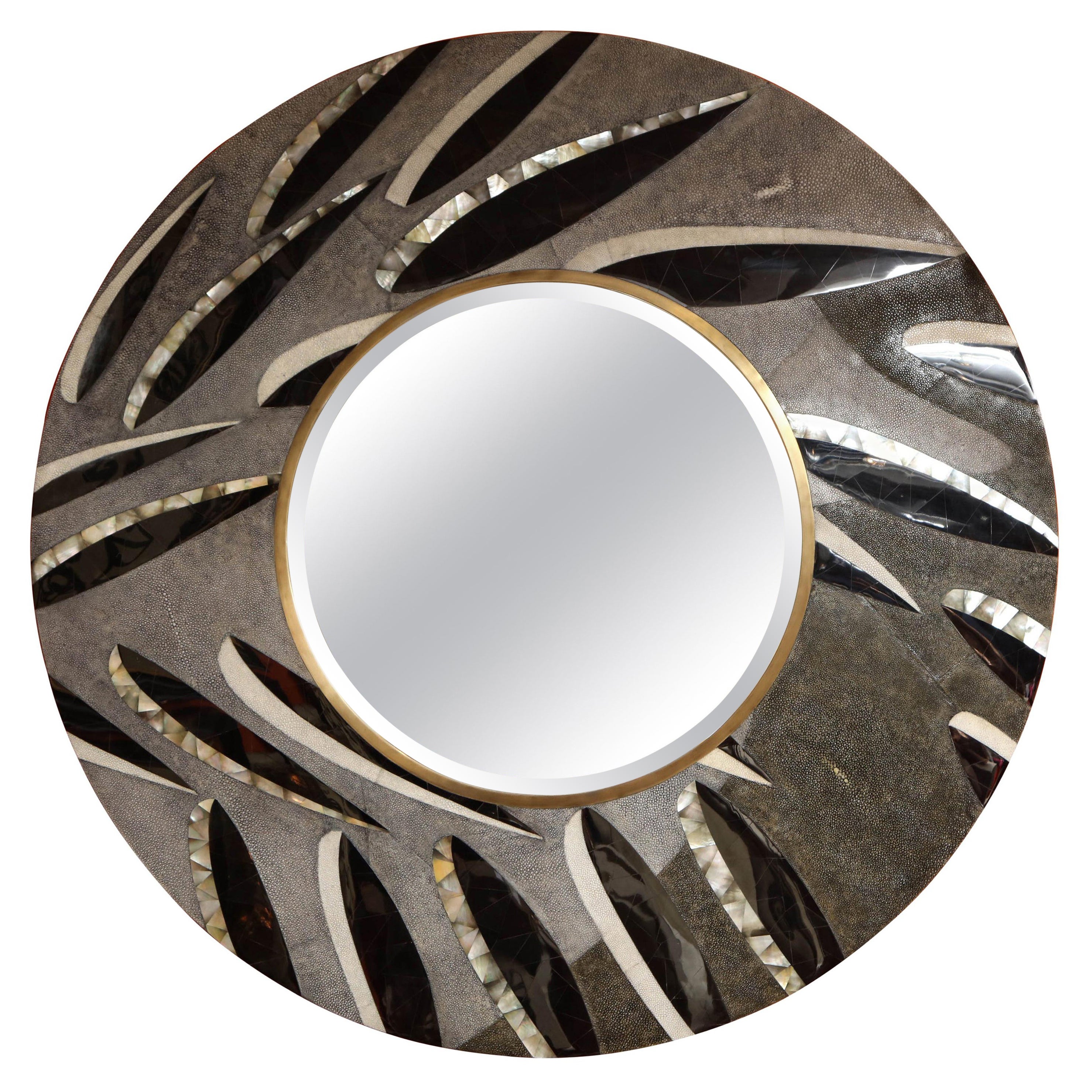 Mirror, Shagreen Mirror with Brass and Sea Shell Details, Round Mirror, Large