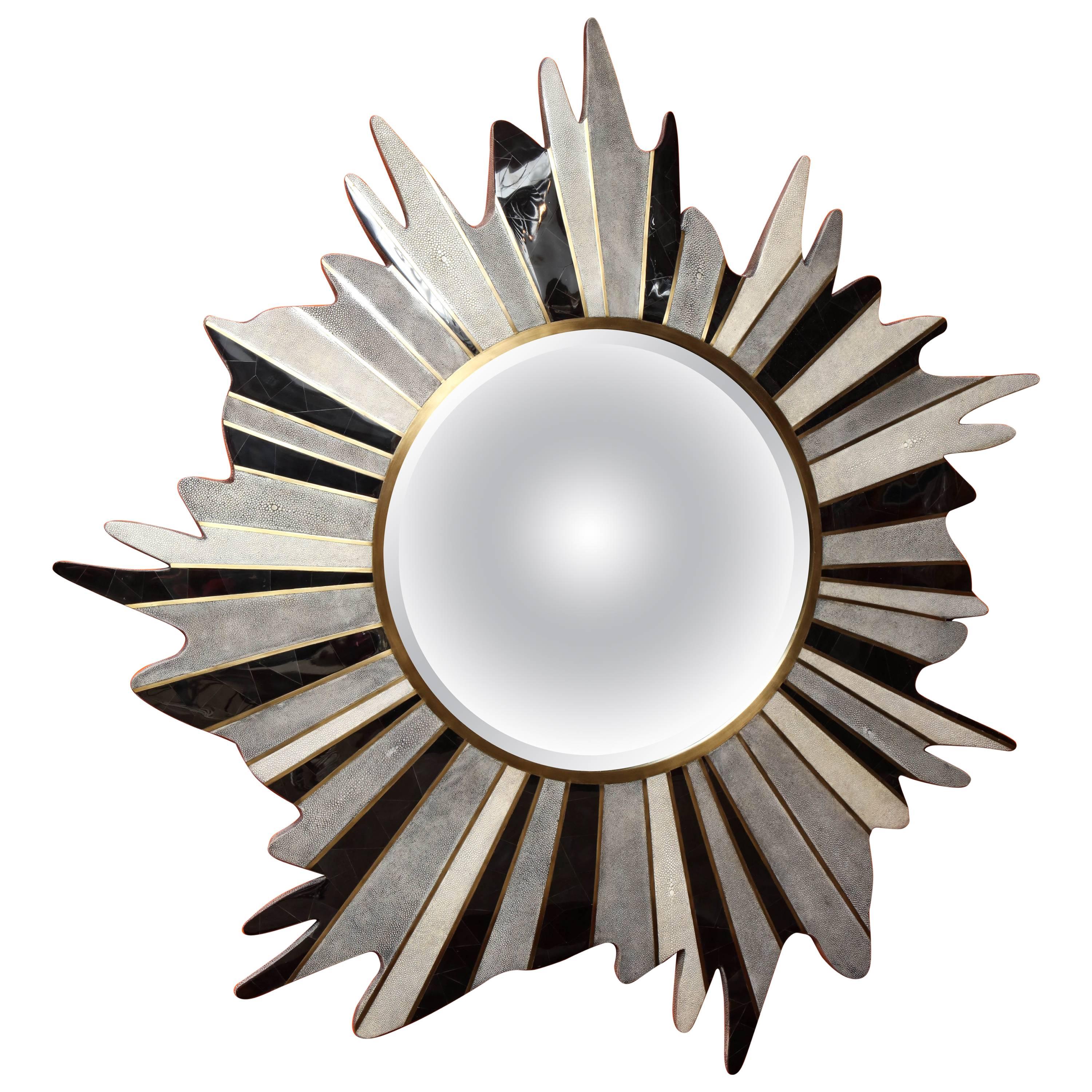 Mirror, Shagreen and Sea Shell Mirror, Star Burst Design with Brass Details