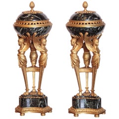 Pair of 19th Century Empire Gilt Bronze and Marble Tripod Lidded Urns