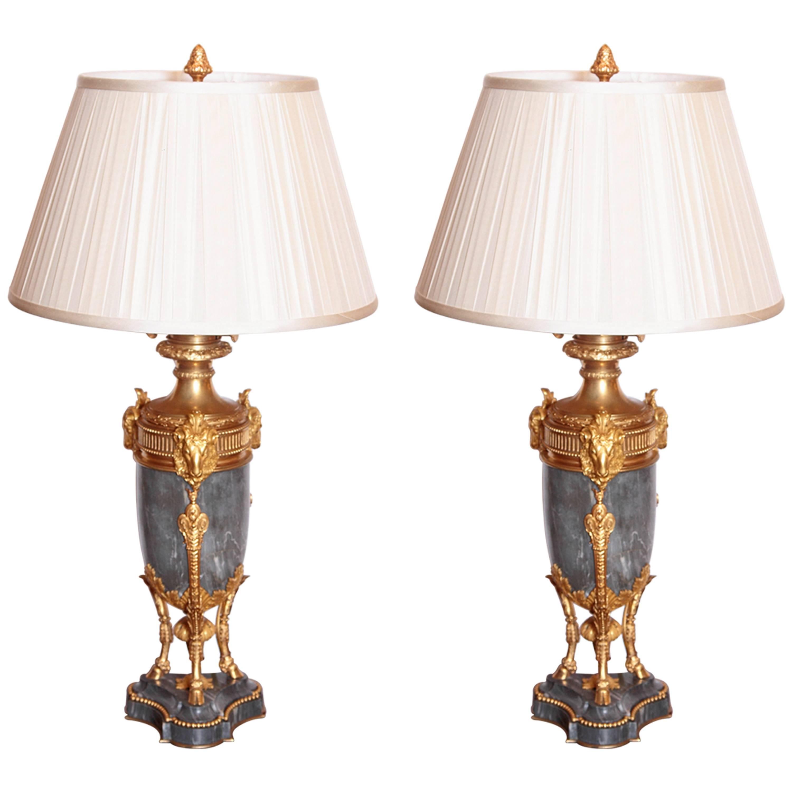 Pair of French 19th Century Louis XVI Marble and Gilt Bronze Rams Head Lamps