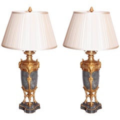 Pair of French 19th Century Louis XVI Marble and Gilt Bronze Rams Head Lamps