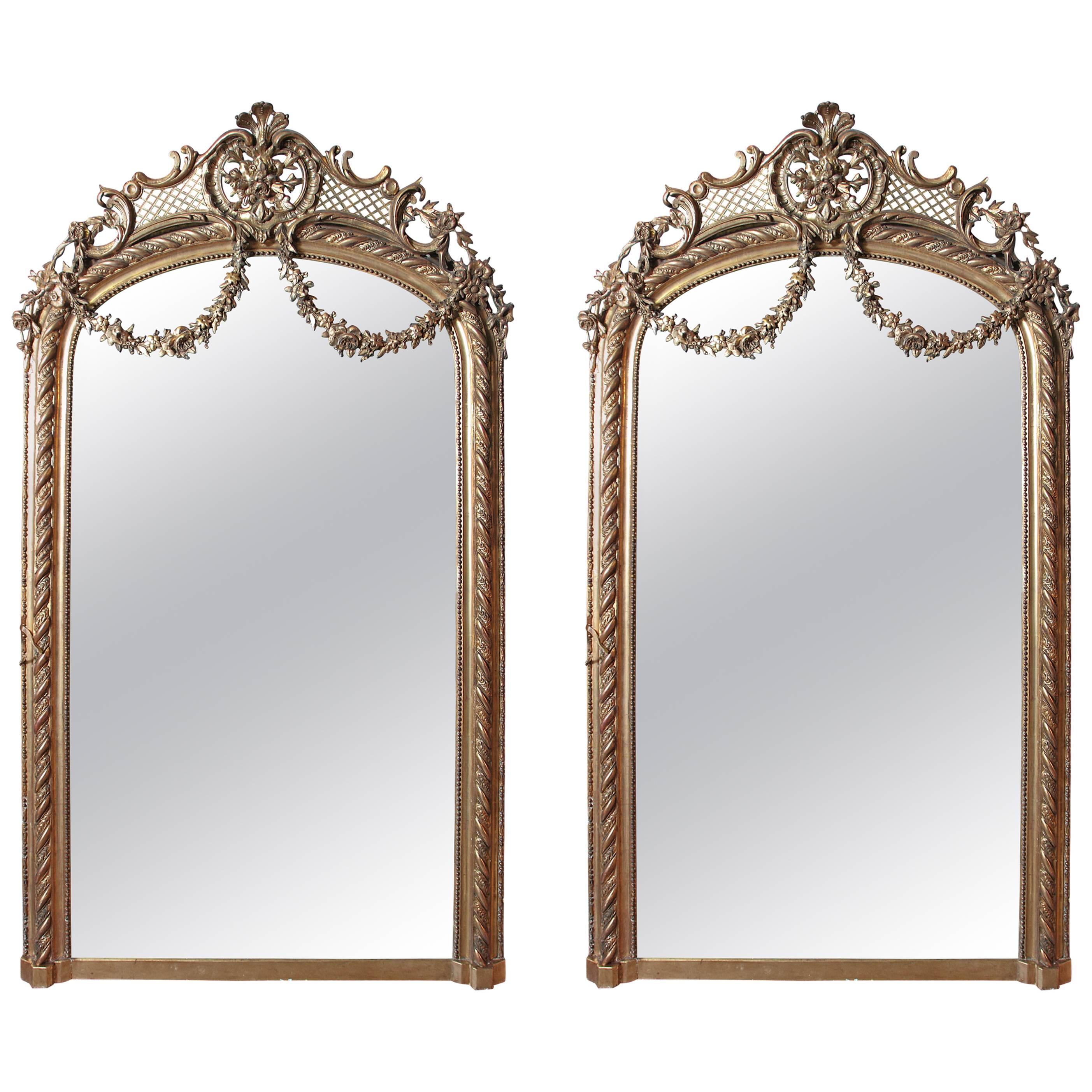 Pair of Palatial French 19th Century Gilt Carved Louis XV Mirrors