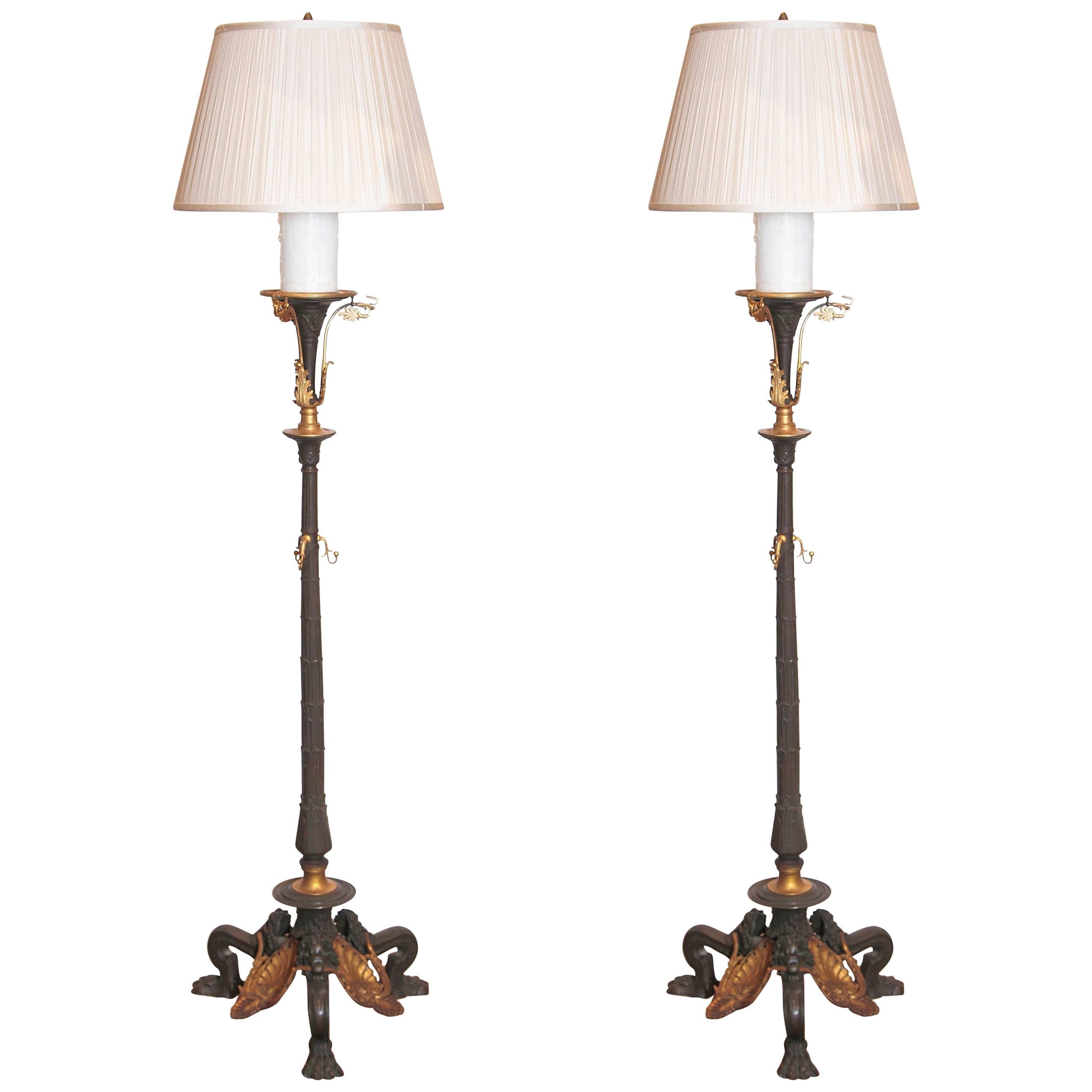 Pair of 19th Century Continental Bronze and Gilt Bronze Torchiere Floor Lamps