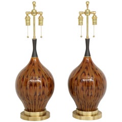 Pair of Brown Peacock Drip Glaze Lamps