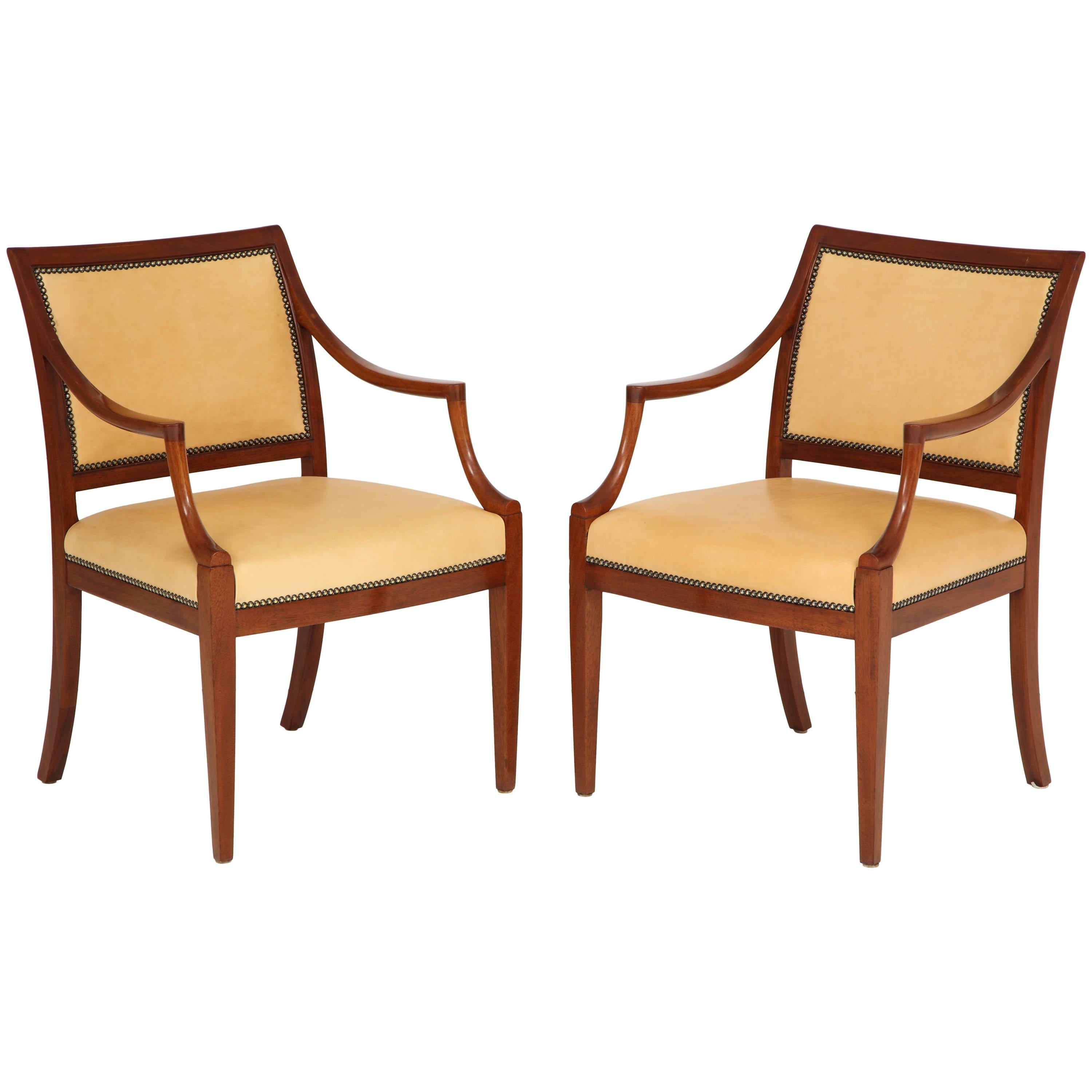 Pair of Frits Henningsen Mahogany and Leather Open Armchair, circa 1940s