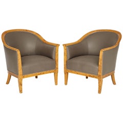 Pair of Swedish Full Size Birchwood and Upholstered Armchair, circa 1940