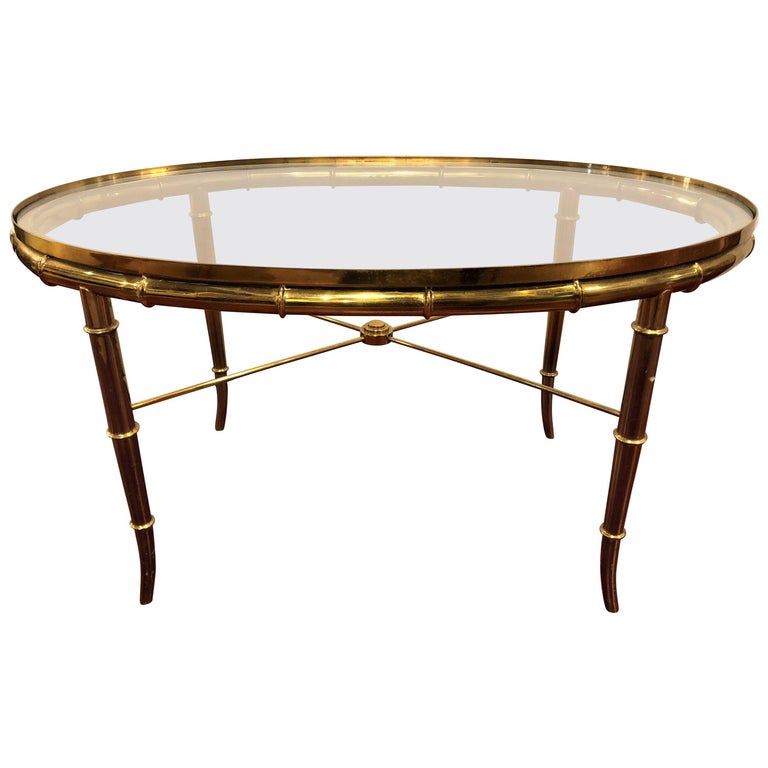 Hollywood Regency Style Gilt Metal Faux Bamboo Oval Glass Top Coffee