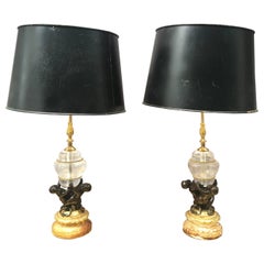 Antique Pair of Rock Crystal Italian Bronze Lamps with Tole Shades