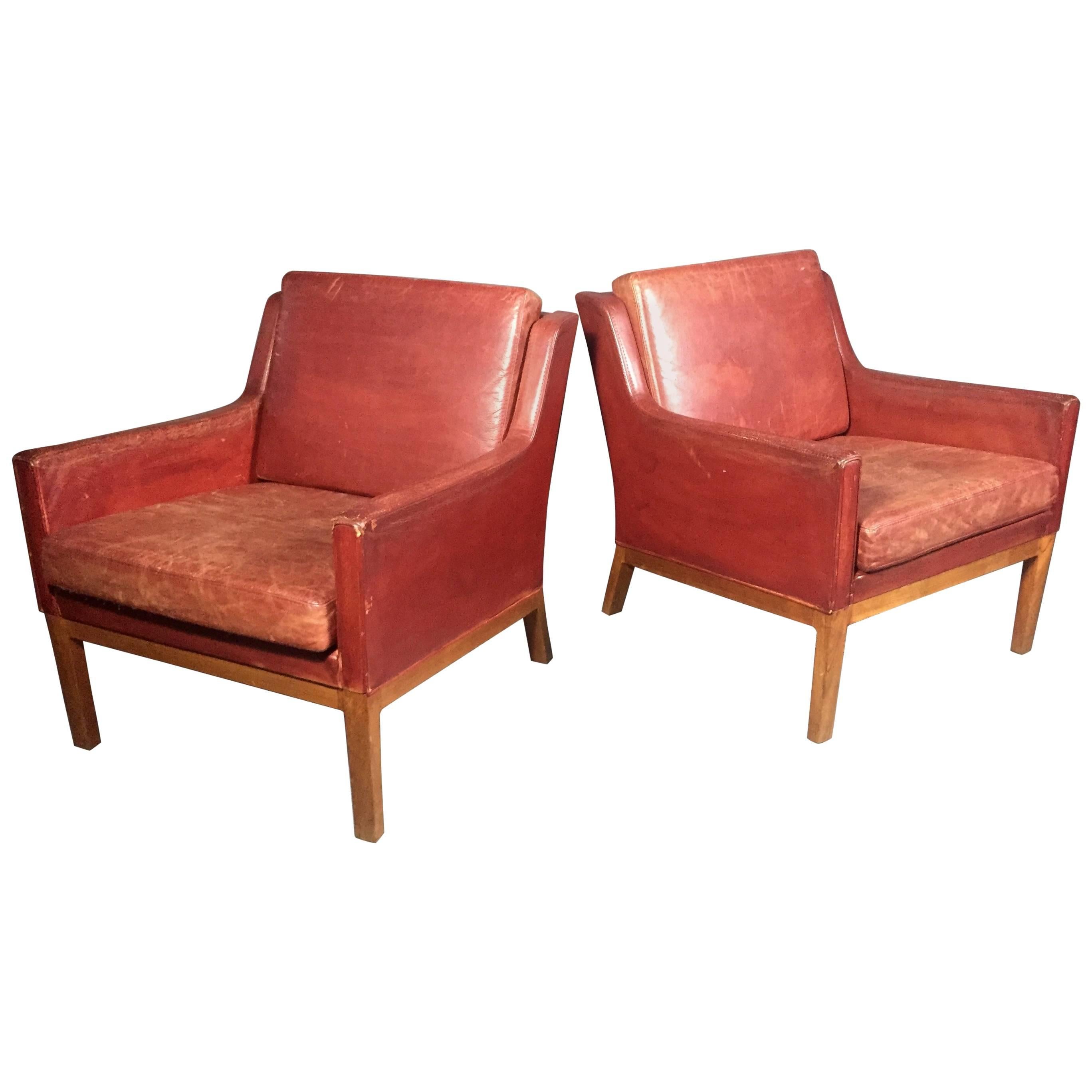 Danish 1960s Pair of Red Leather Lounge Chairs