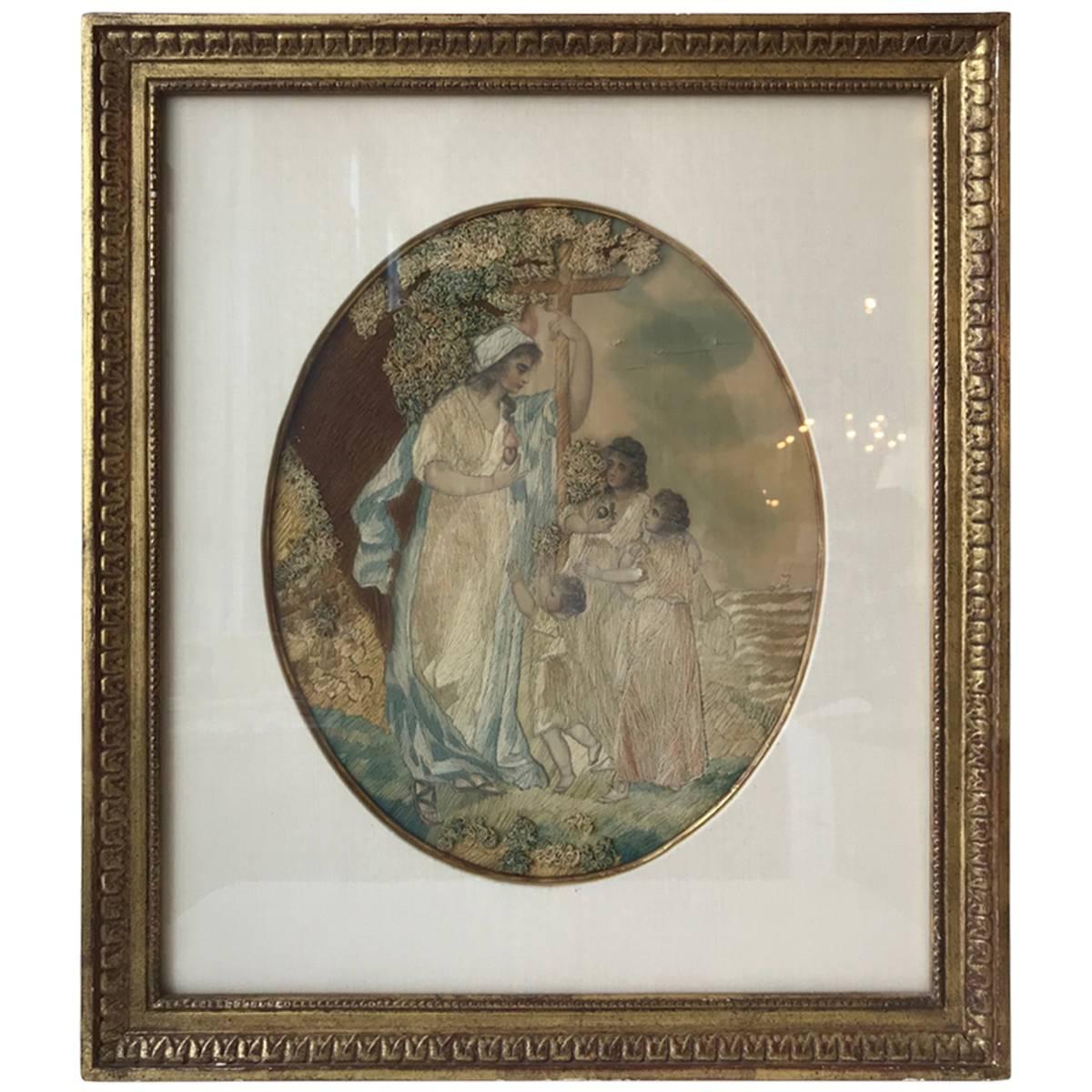 Early 19th Century Embroidered and Hand-Painted Silk Picture For Sale