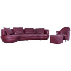 Natuzzi Designer Leather Four-Seat Couch Set, Armchair and Footstool in Red