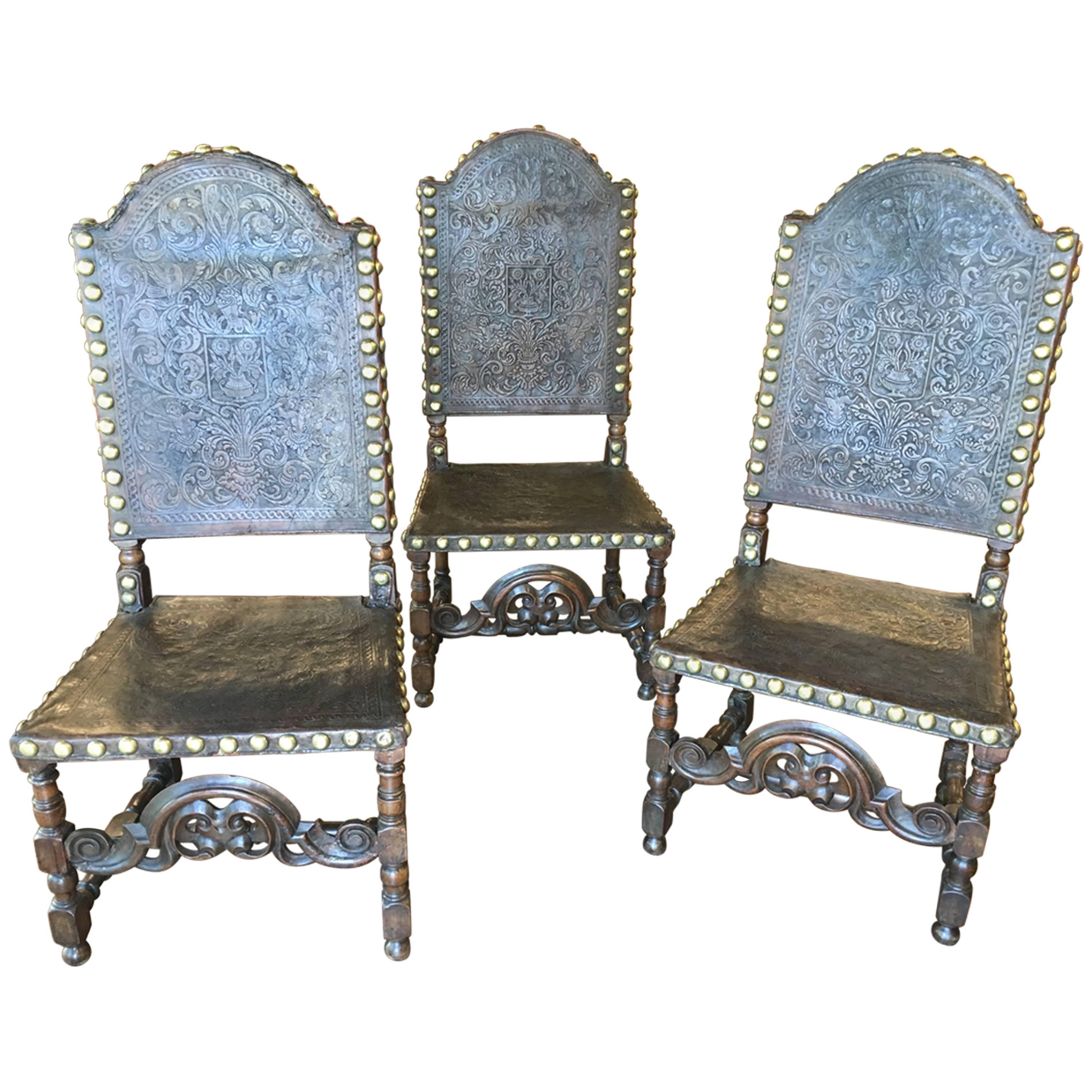 19th Century Portuguese Hand-Embossed Leather Chairs, Spanish Baroque Style For Sale