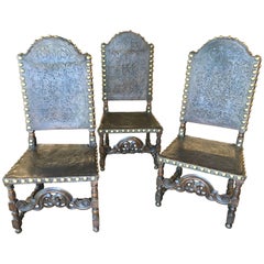 Antique 19th Century Portuguese Hand-Embossed Leather Chairs, Spanish Baroque Style