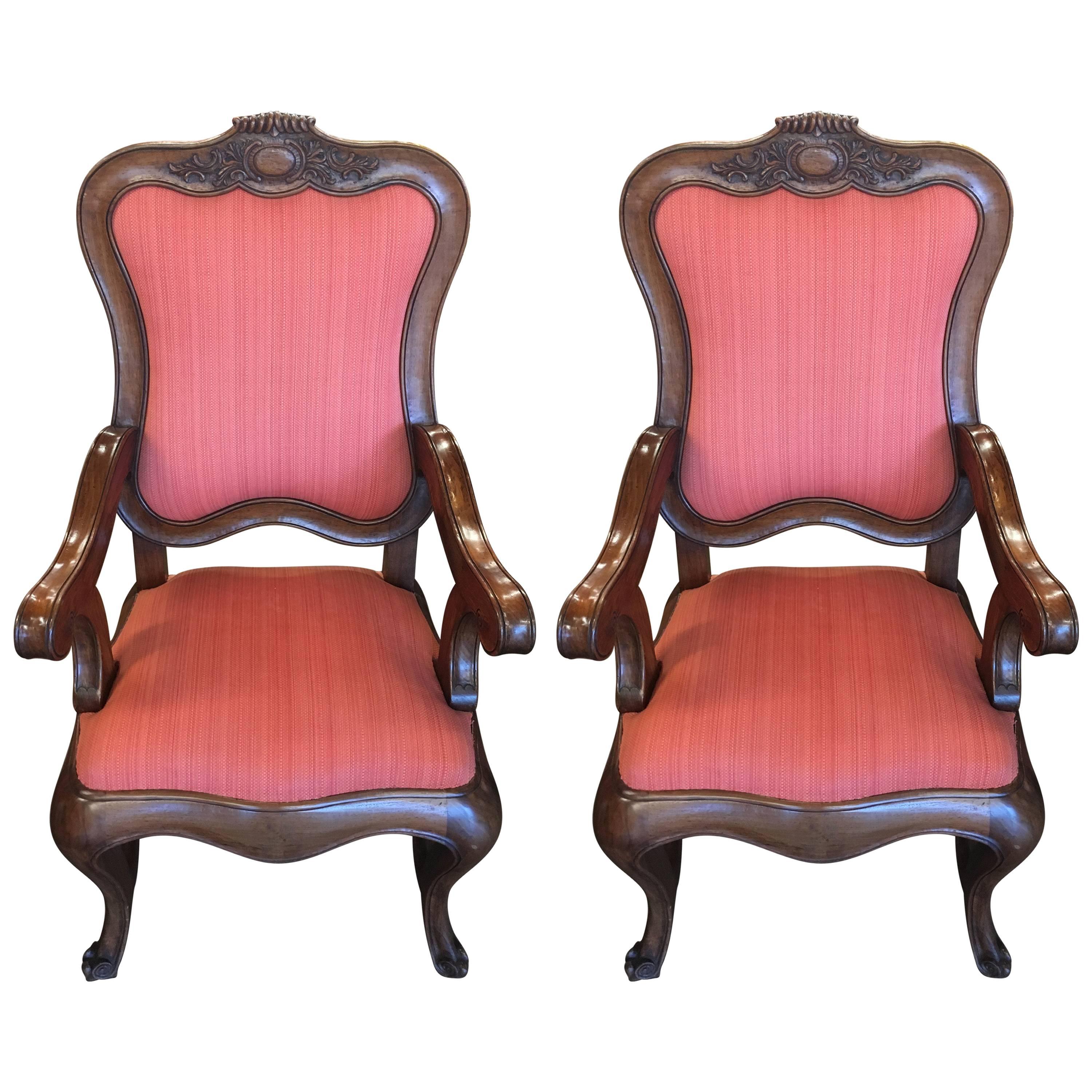 French Carved Walnut Frame Queen Anne Style Parlor Armchairs For Sale