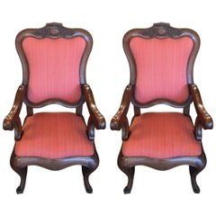 French Carved Walnut Frame Queen Anne Style Parlor Armchairs