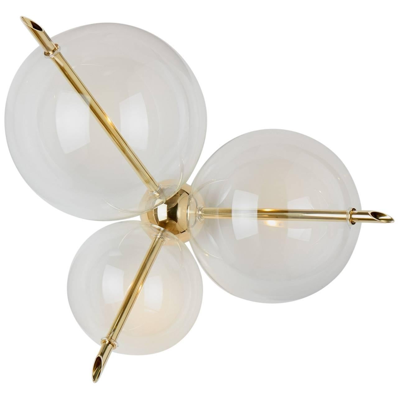 Lune Three lights Contemporary Ceiling Mount / Sconce Polished Brass Blown Glass For Sale