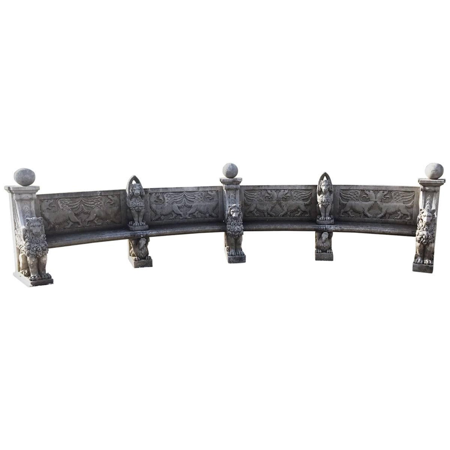Monumental Italian Semi Circular Finely Carved Stone Bench at 1stDibs