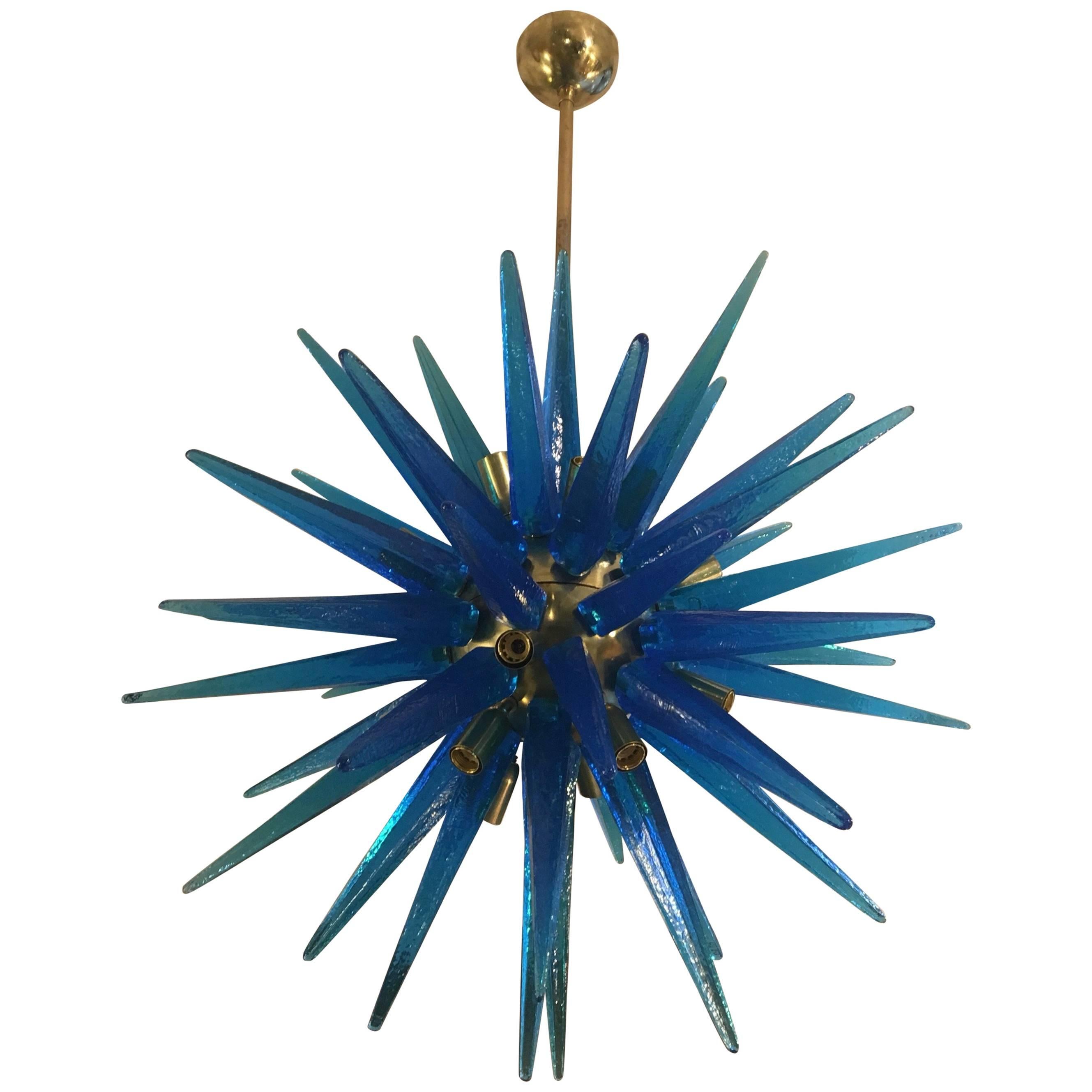Blue Murano Glass Italian Chandelier with 20 Bulbs Brass structure, 1980s