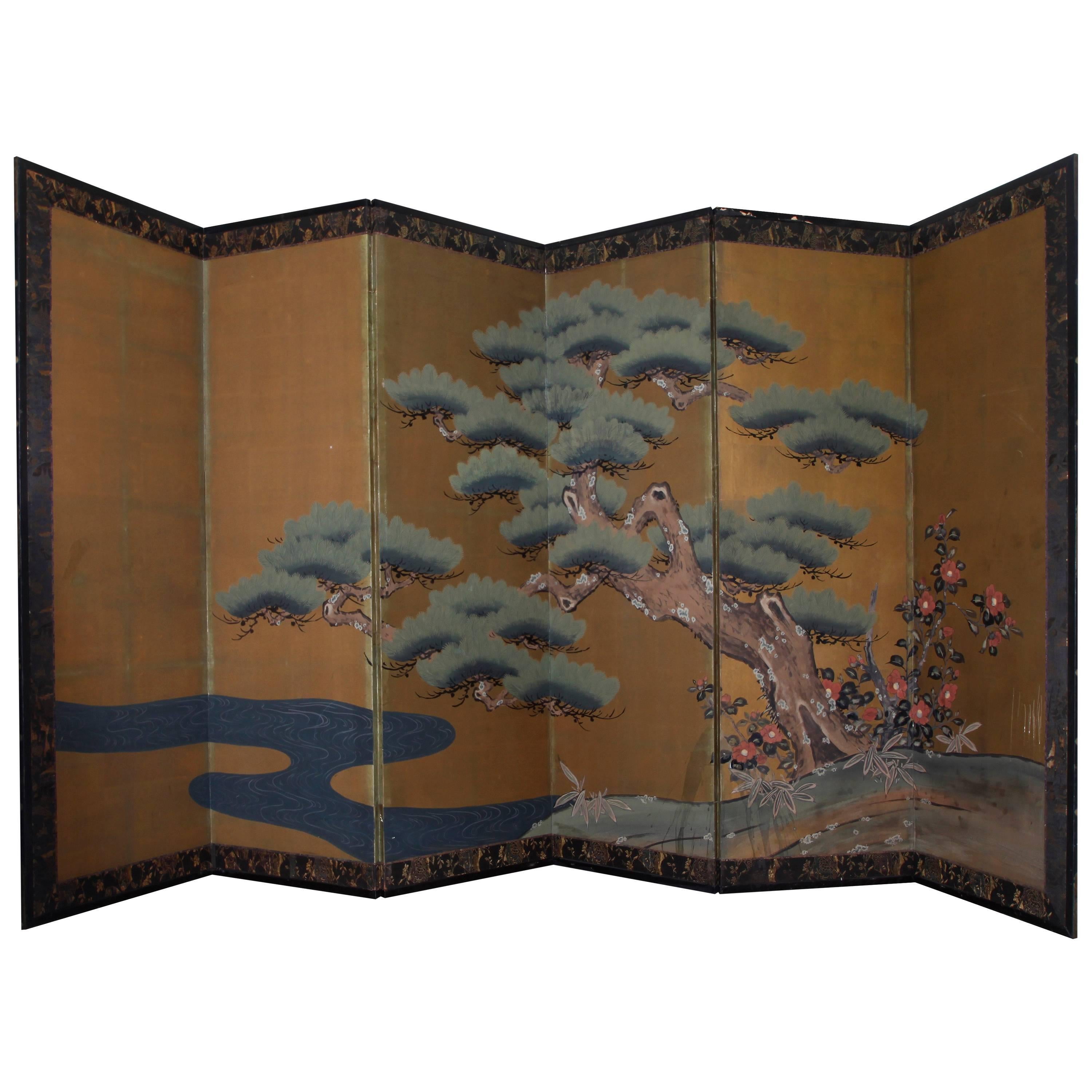 Vintage Six-Panel Asian Screen with Gold Leaf Decoration