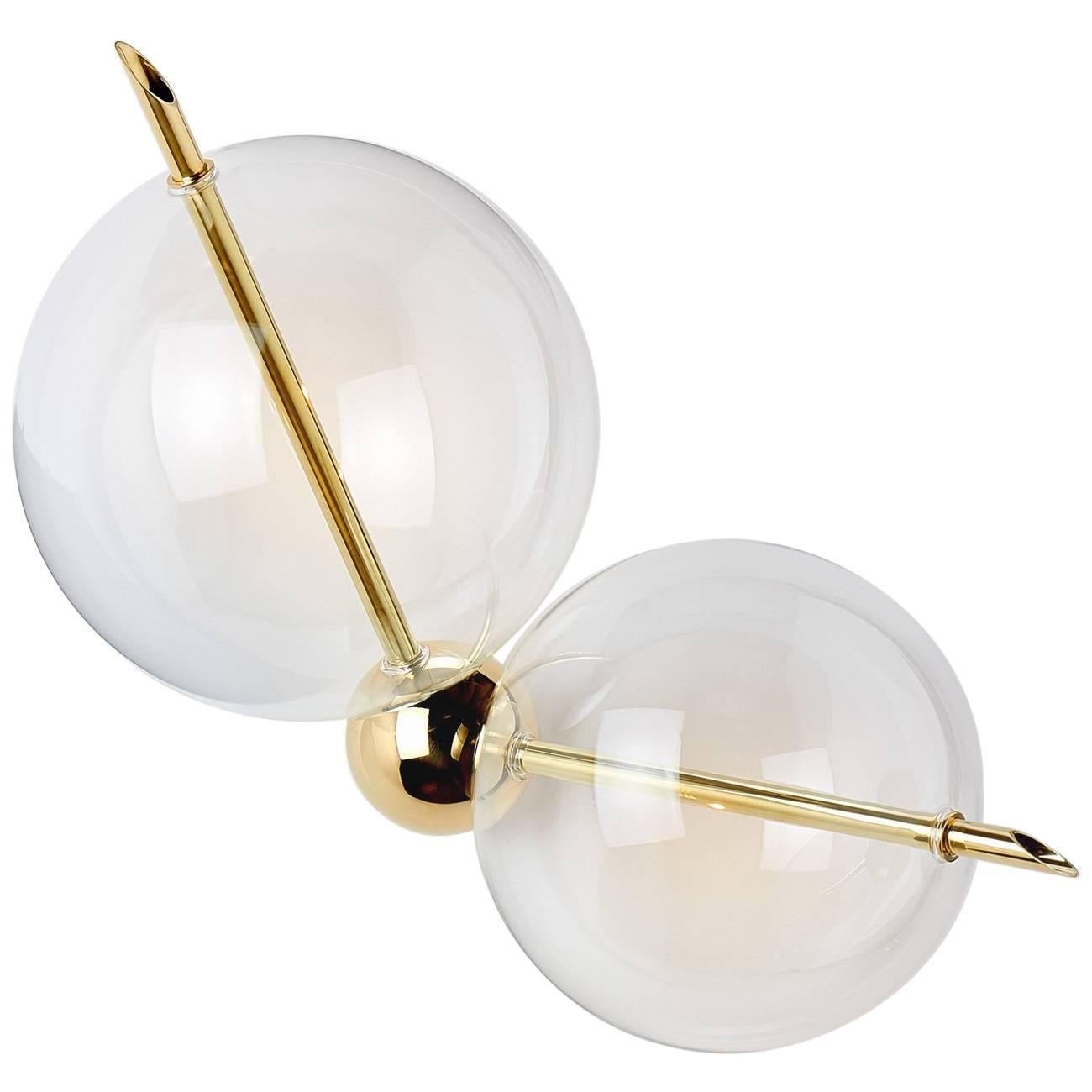 Lune Two Lights Contemporary Sconce / Wall Light Polished Brass Handblown Glass For Sale