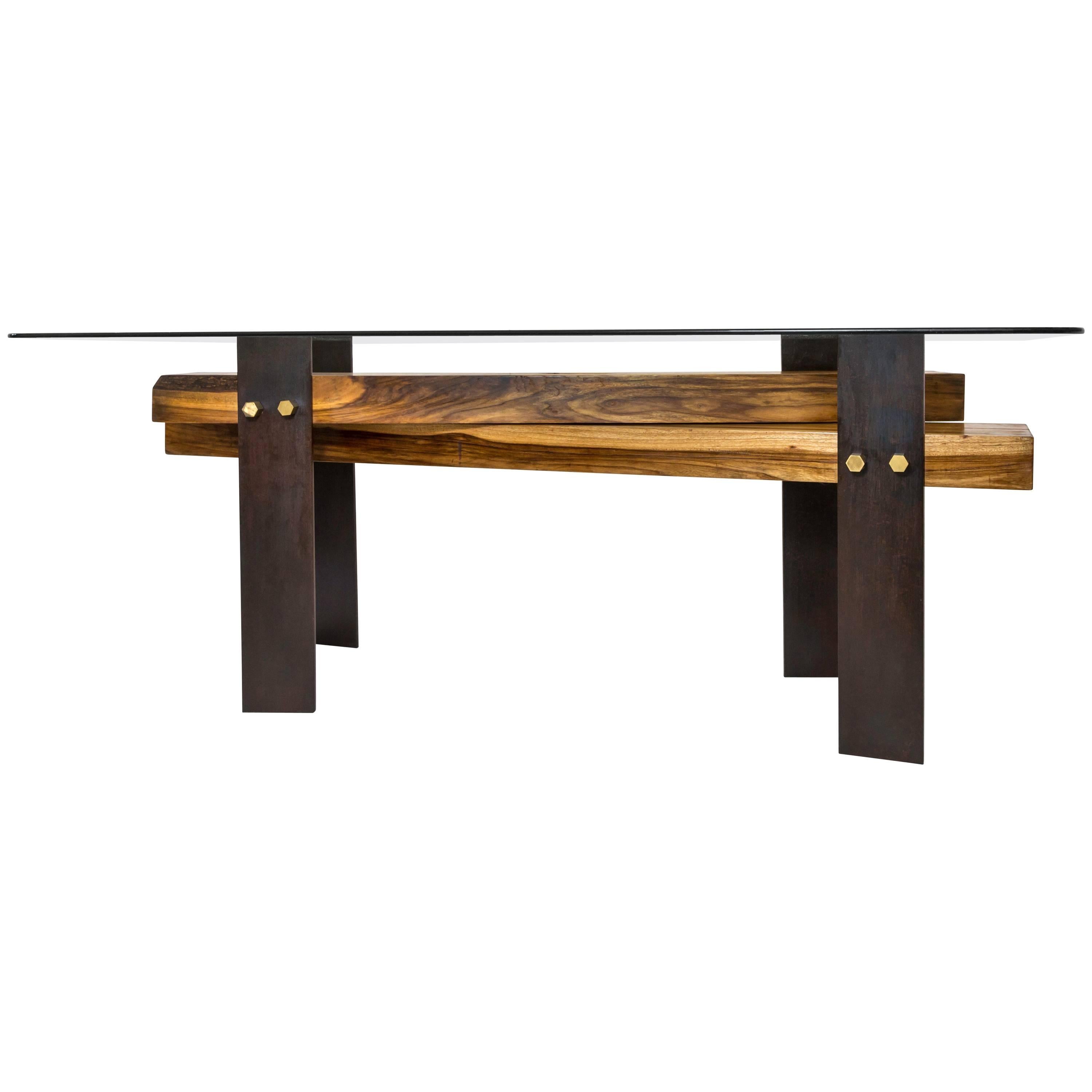 Customizable Cross Dining Table Capa Prieto Wood Black Steel and Brass Details For Sale