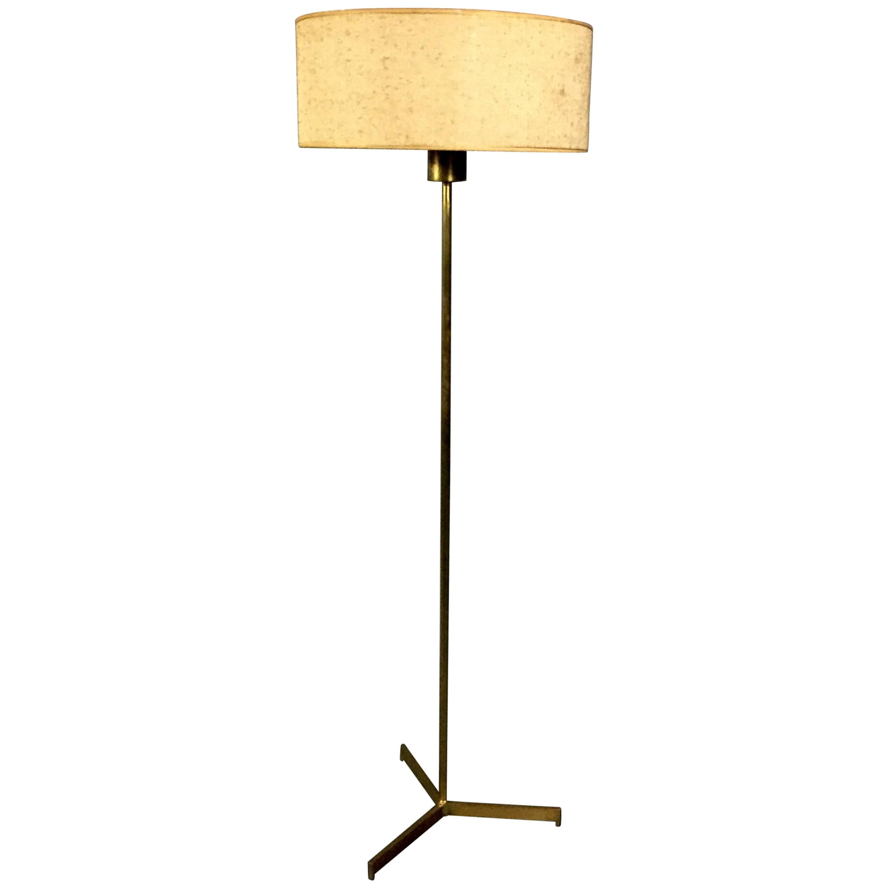 1960s Brass Tripod Floor Lamp, Original Boucle Shade, USA For Sale