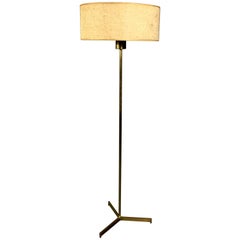 1960s Brass Tripod Floor Lamp, Original Boucle Shade, USA