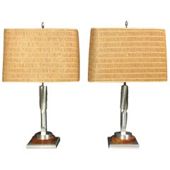 Pair of Steel and Teak Table Lamps, Stitched Grass Shade, circa 1980