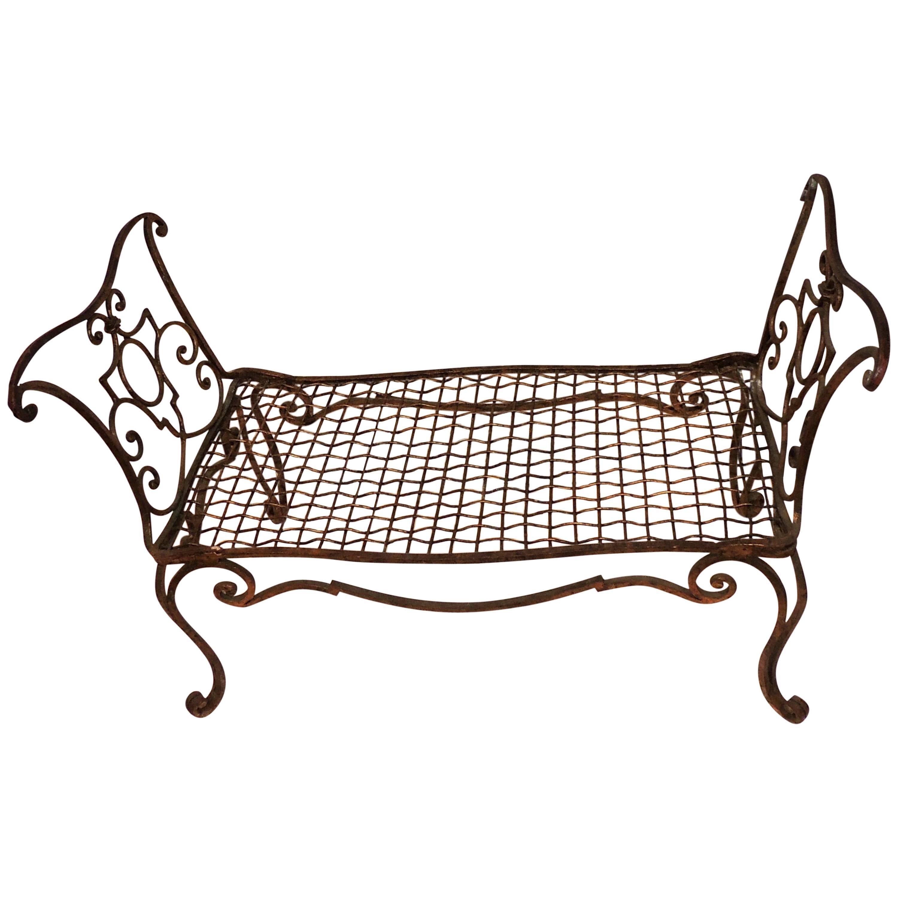 Baguès French Jean Charles Gold Gilt Wrought Iron Bench Lattice Scroll Arms