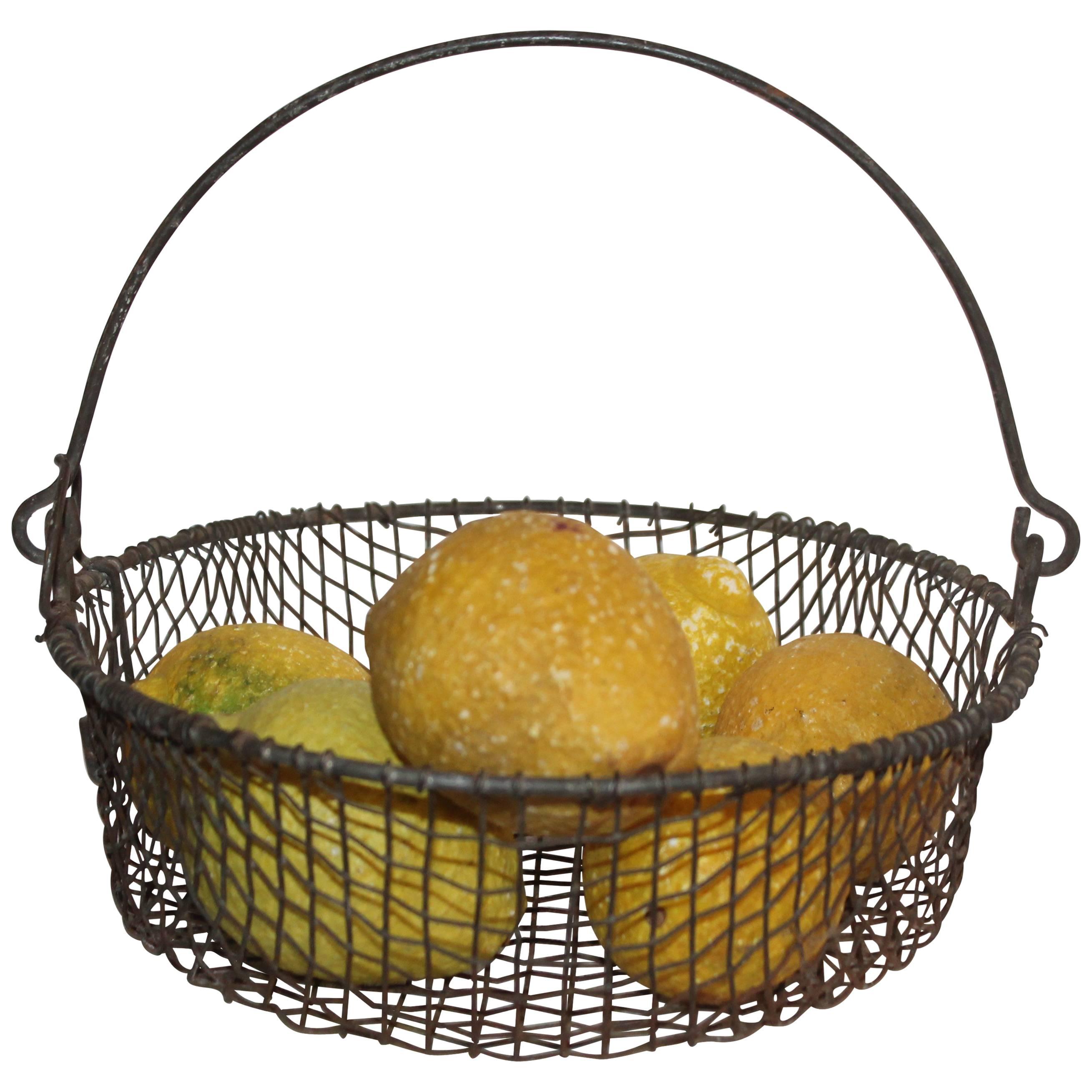 19th Century Wire Basket with Six-Stone Lemons