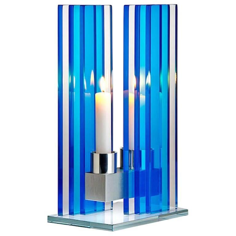 Contemporary Blue Glass & Aluminum Candlestick For Sale