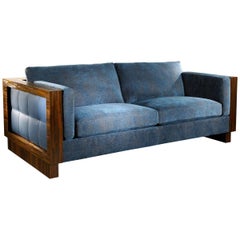 Blue Leather and Straw Marquetry Sofa Realized by Jouffre and Lison de Caunes
