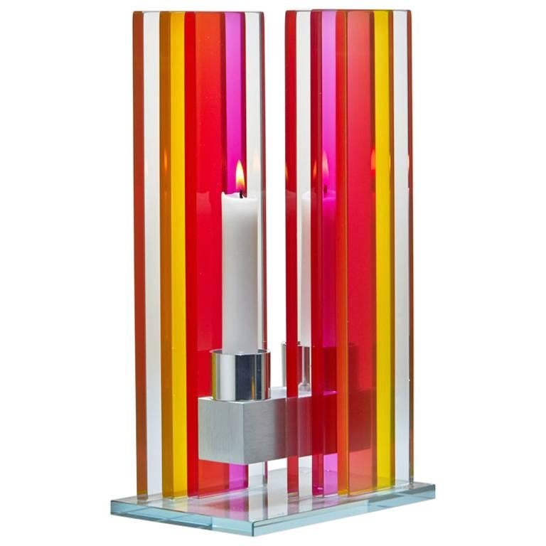 Contemporary Yellow & Pink Glass & Aluminum Candlestick  For Sale
