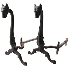 Antique Set of Hound-Form Cast Iron Andirons