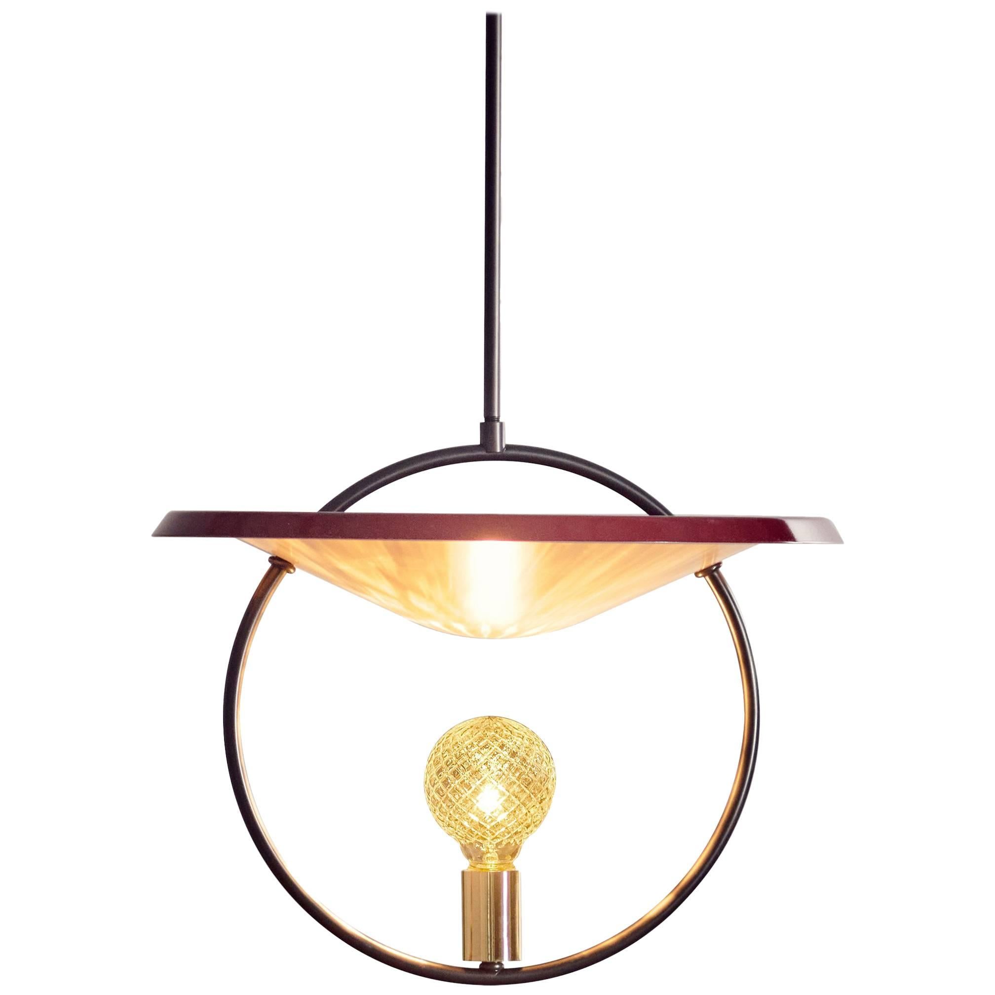 Mid-Century Modern Solid Brass, Steel, Incandescent Pendant in Maroon For Sale