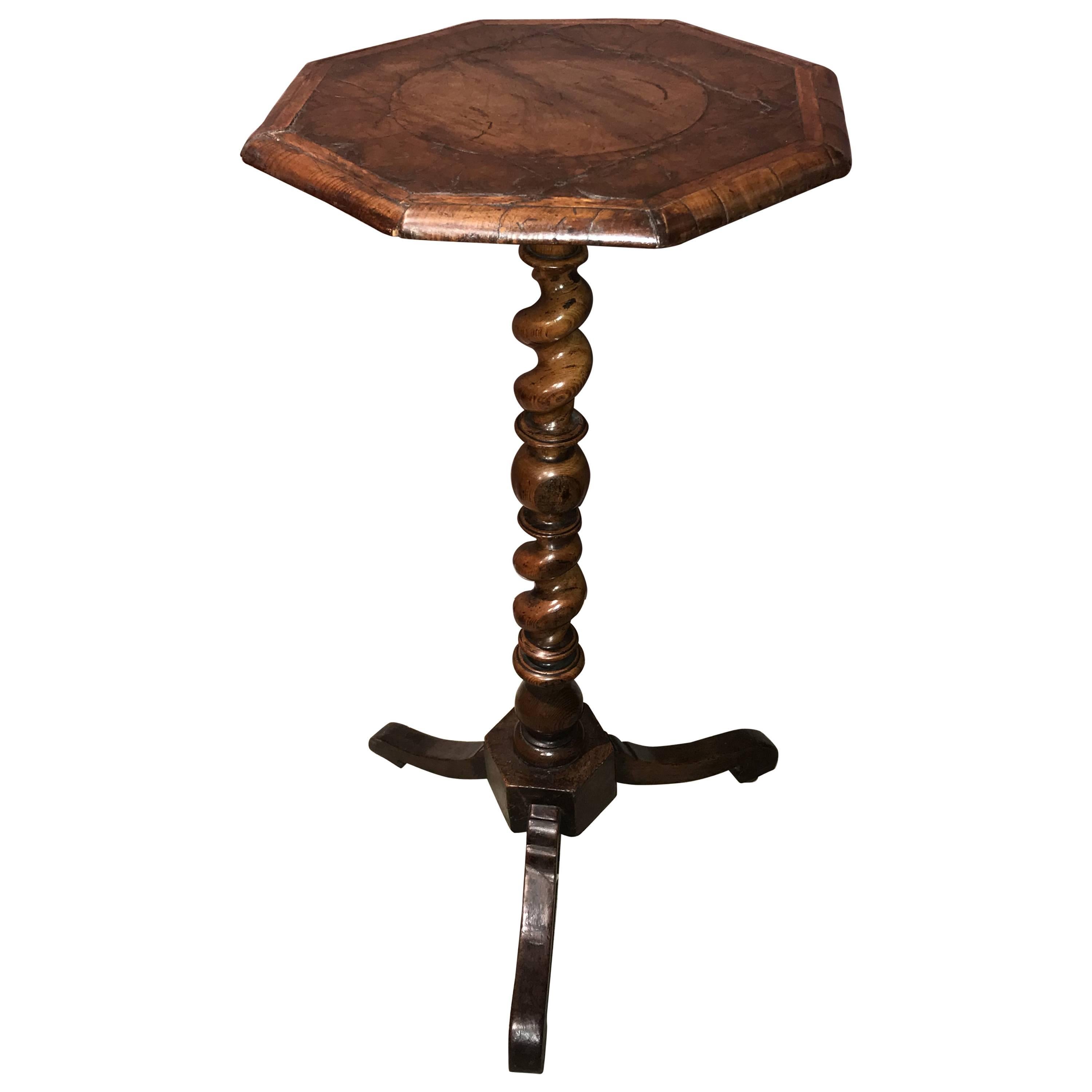English Walnut Octagonal Top Candle Stand with Marquetry, circa 1680-1710