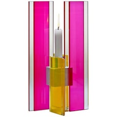 Contemporary Pink & Yellow Glass & Aluminum Candlestick