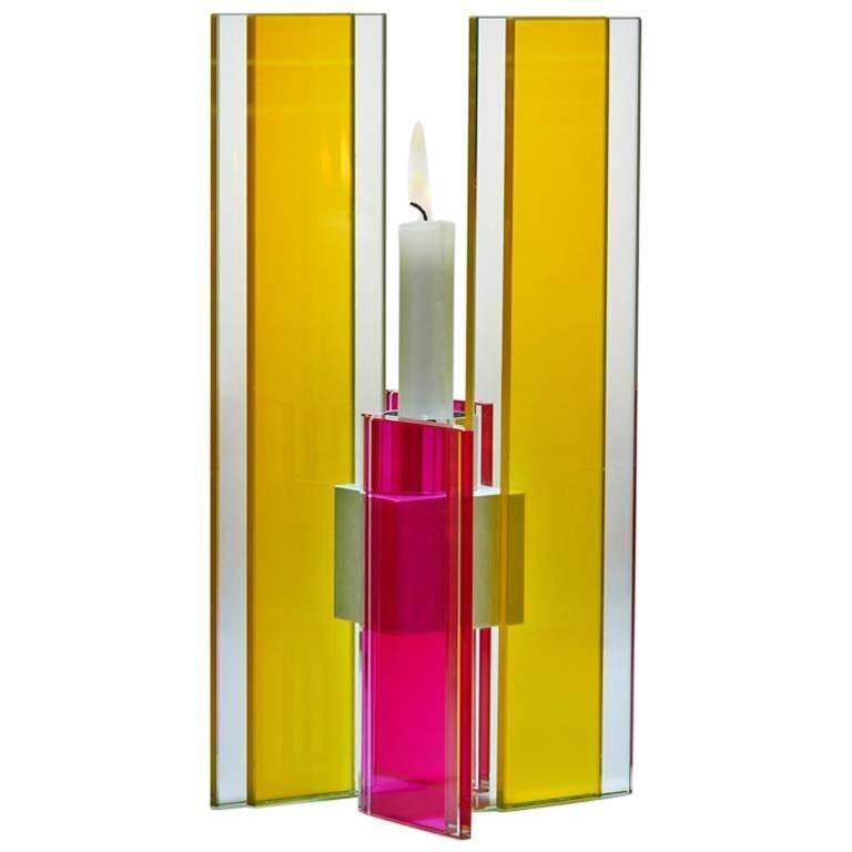 Contemporary Yellow & Pink Glass & Aluminum Candlestick For Sale