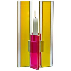 Contemporary Yellow & Pink Glass & Aluminum Candlestick