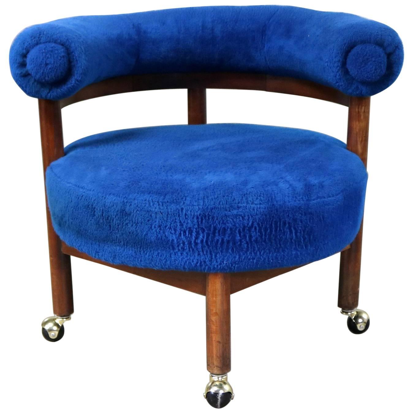 Royal Blue Round Corner Chair with Bolster Back on Casters Midcentury