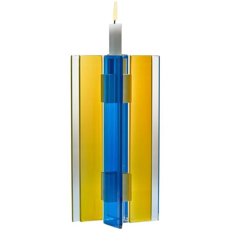Contemporary Yellow & Blue Glass  Aluminum Candlestick For Sale