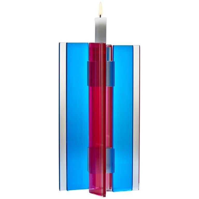 Contemporary Blue & Red Glass & Aluminum Candlestick For Sale