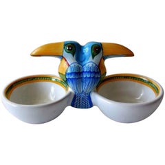 Vintage Hermes Toucans Double Open Salt, Pottery by Moustiers