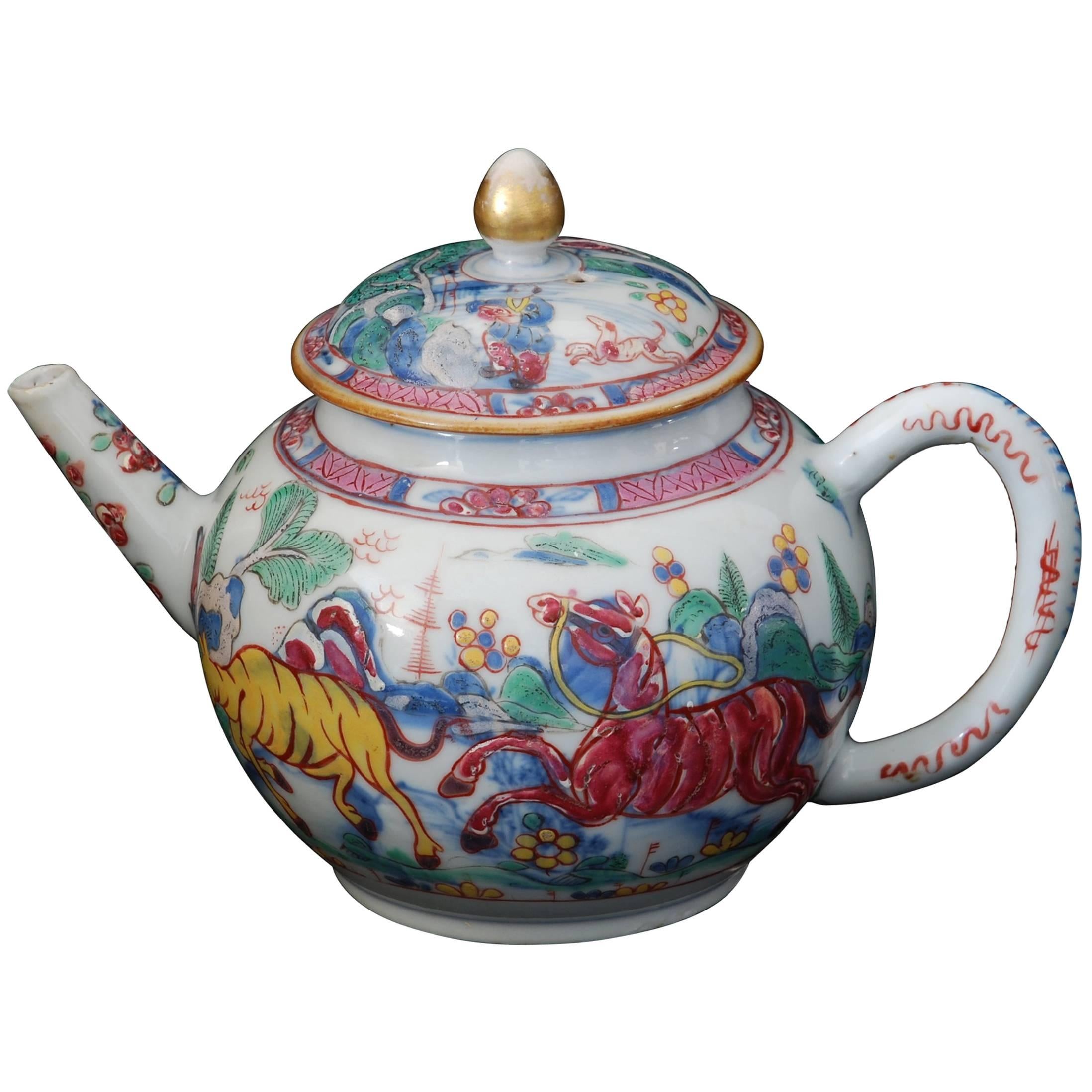 Teapot, Prancing Ponies, China, circa 1760, Decorated in London
