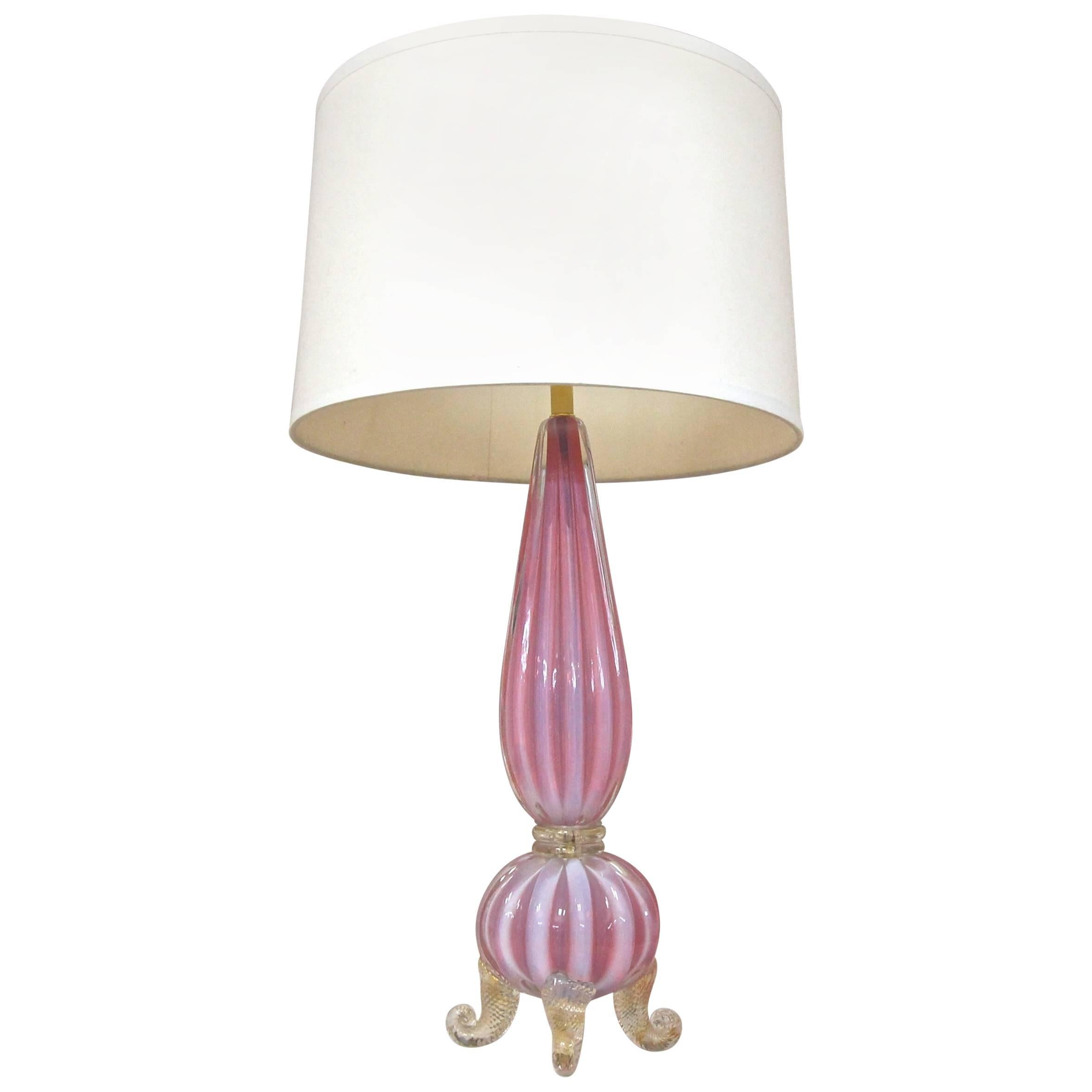 Barovier Murano Pink Opalescent and Gold Glass Footed Table Lamp