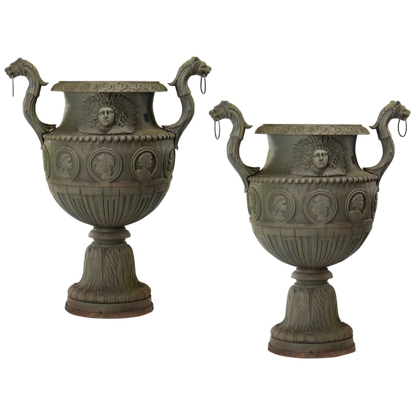 Pair of Monumental Neoclassical Style Cast Iron Urns For Sale