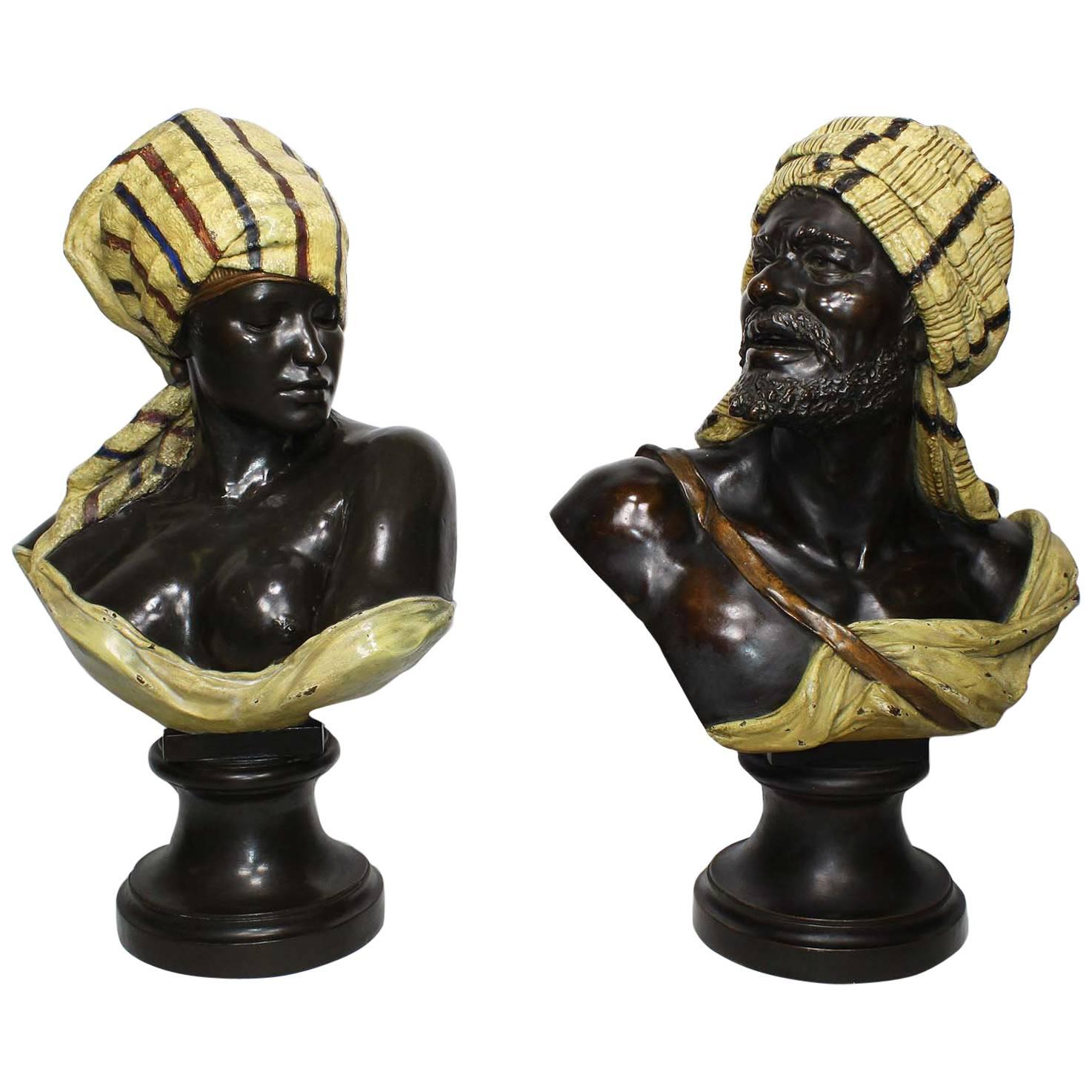 Orientalist Pair of Austrian 19th Century Polychromed Busts of a Bedouin Couple