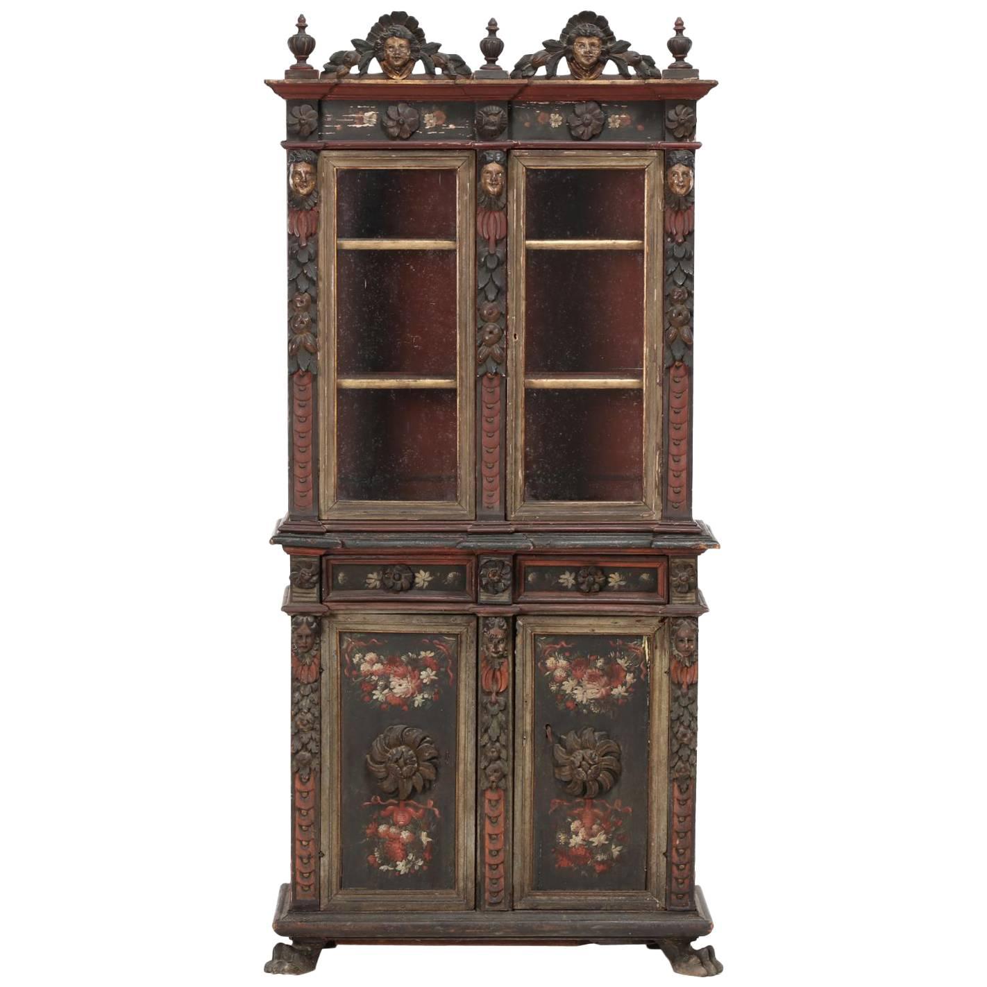 Diminutive Continental Baroque Style Carved Painted Vitrine For Sale
