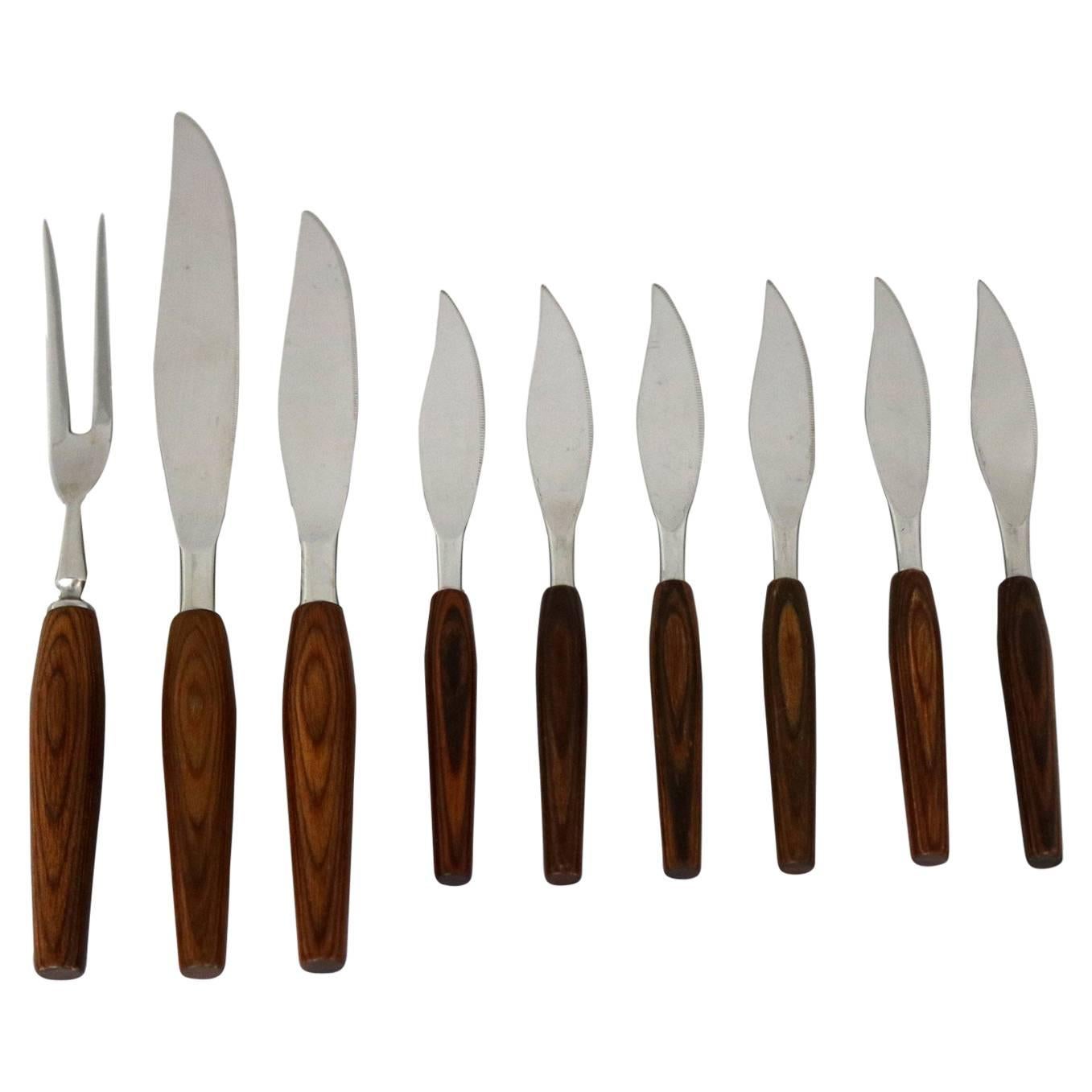 Regent Sheffield Cutlery Teak and Stainless Mode Danish Steak Knives and Serving