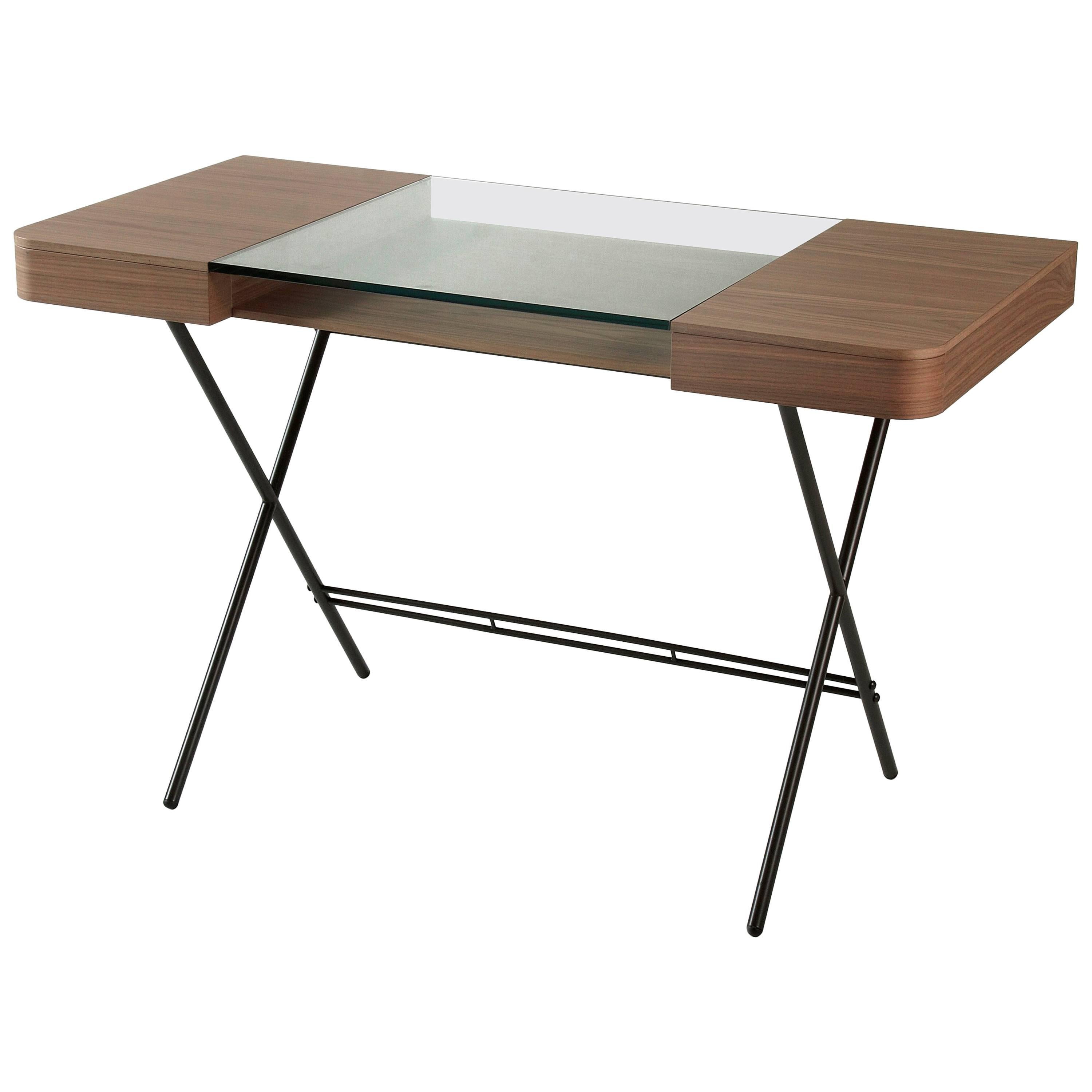 Contemporary Cosimo Desk by Marco Zanuso Jr. with Walnut Veneer and Glass Top For Sale